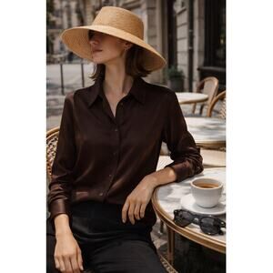 Quince 100% Silk Brown Button Front Blouse Shirt XL Quiet Luxury Minimalist